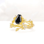 Nature-Inspired Coffin Cut Black Onyx Engagement Ring Set with Leaf Accents - Rose-Gold