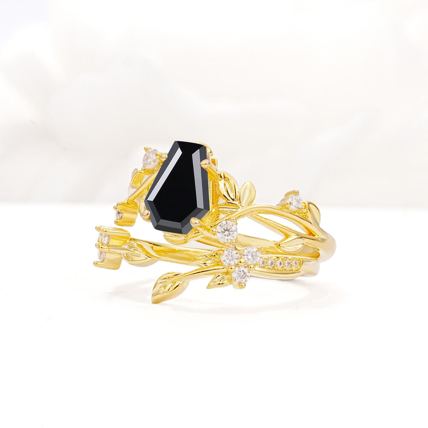 Nature-Inspired Coffin Cut Black Onyx Engagement Ring Set with Leaf Accents - Rose-Gold