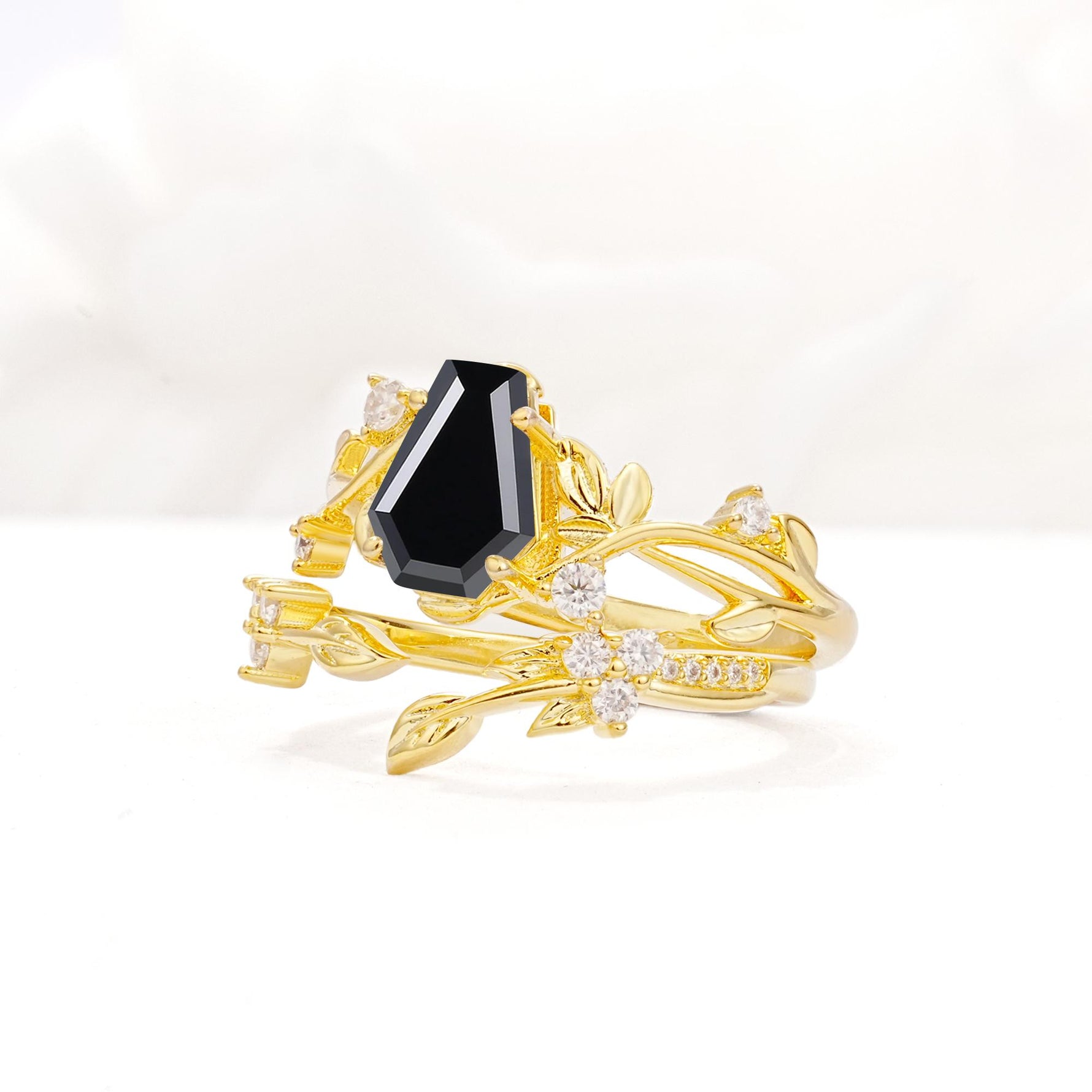 Nature-Inspired Coffin Cut Black Onyx Engagement Ring Set with Leaf Accents - Rose-Gold
