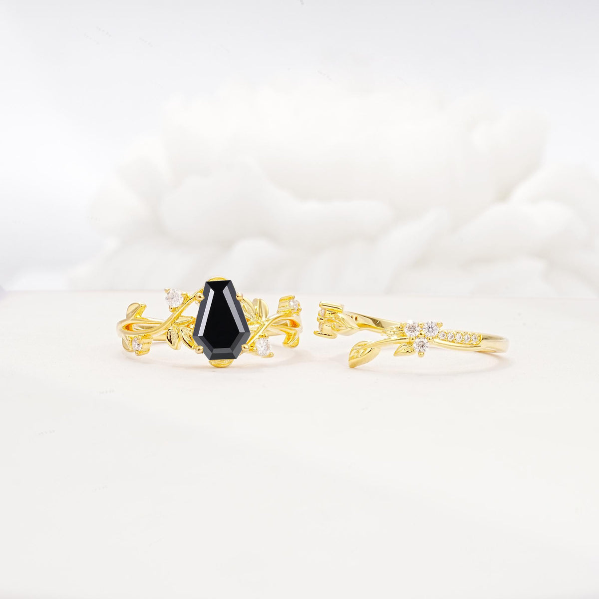 Nature-Inspired Coffin Cut Black Onyx Engagement Ring Set with Leaf Accents - Additional view