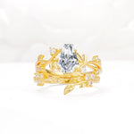 Nature-Inspired Coffin Cut Lab Diamond Engagement Ring Set with Leaf Accents - Yellow-Gold