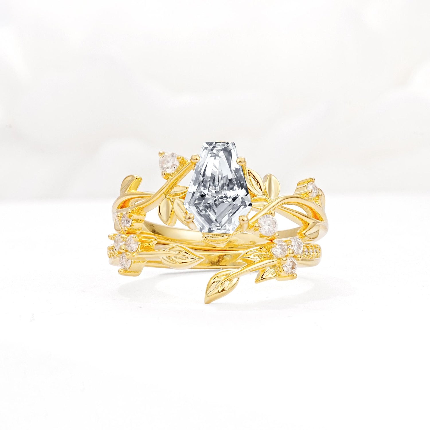 Nature-Inspired Coffin Cut Lab Diamond Engagement Ring Set with Leaf Accents - Yellow-Gold