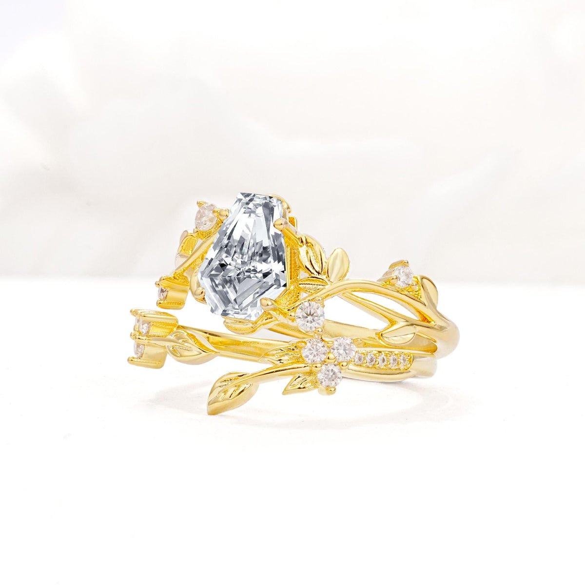 Nature-Inspired Coffin Cut Lab Diamond Engagement Ring Set with Leaf Accents - Rose-Gold