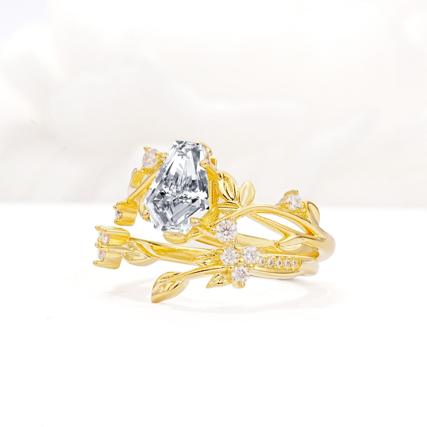 Nature-Inspired Coffin Cut Lab Diamond Engagement Ring Set with Leaf Accents - Rose-Gold