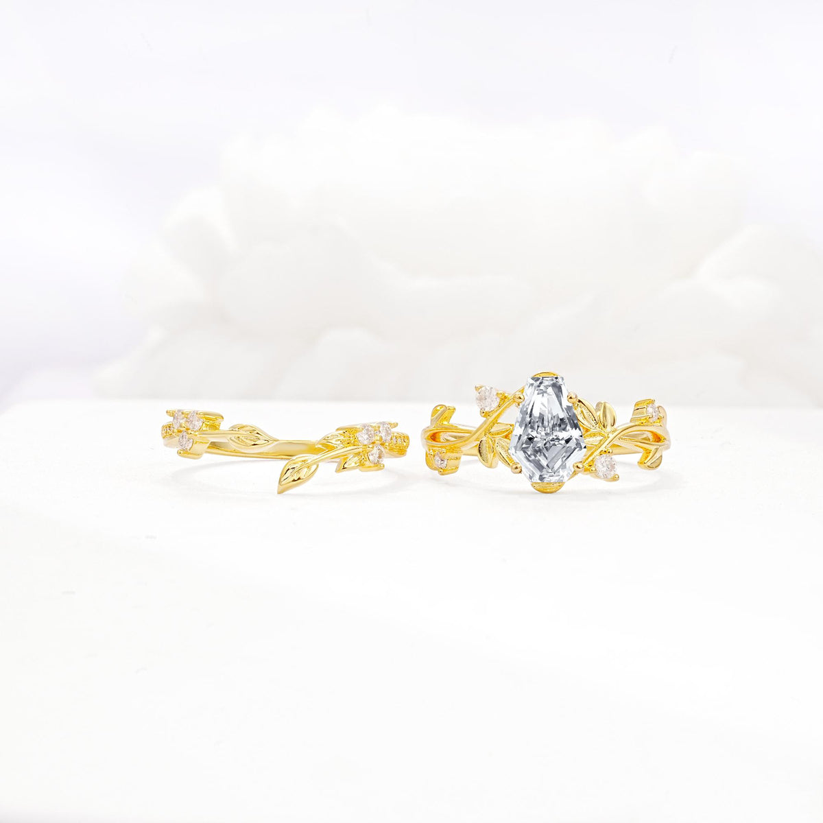 Nature-Inspired Coffin Cut Lab Diamond Engagement Ring Set with Leaf Accents - White-Gold