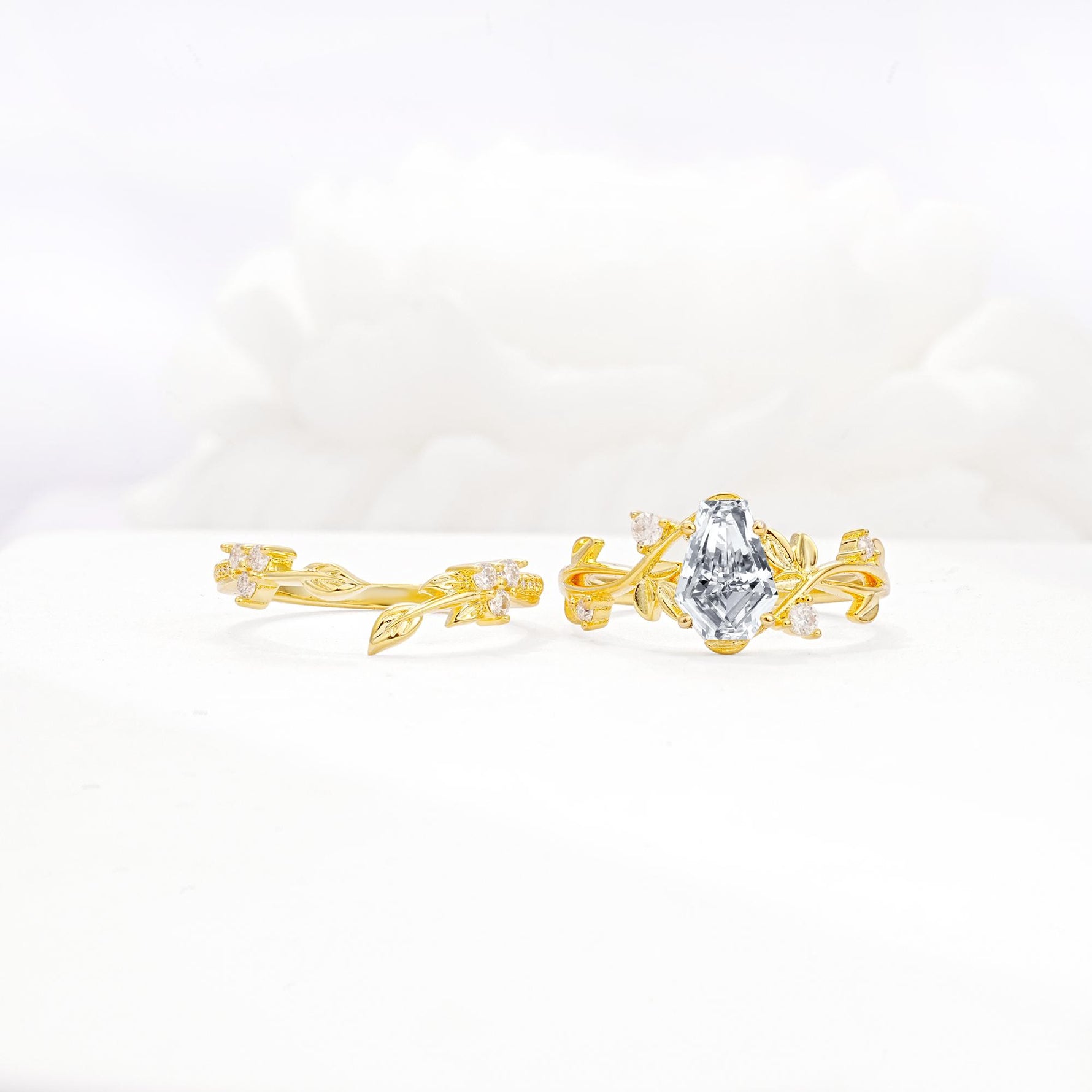 Nature-Inspired Coffin Cut Lab Diamond Engagement Ring Set with Leaf Accents - White-Gold