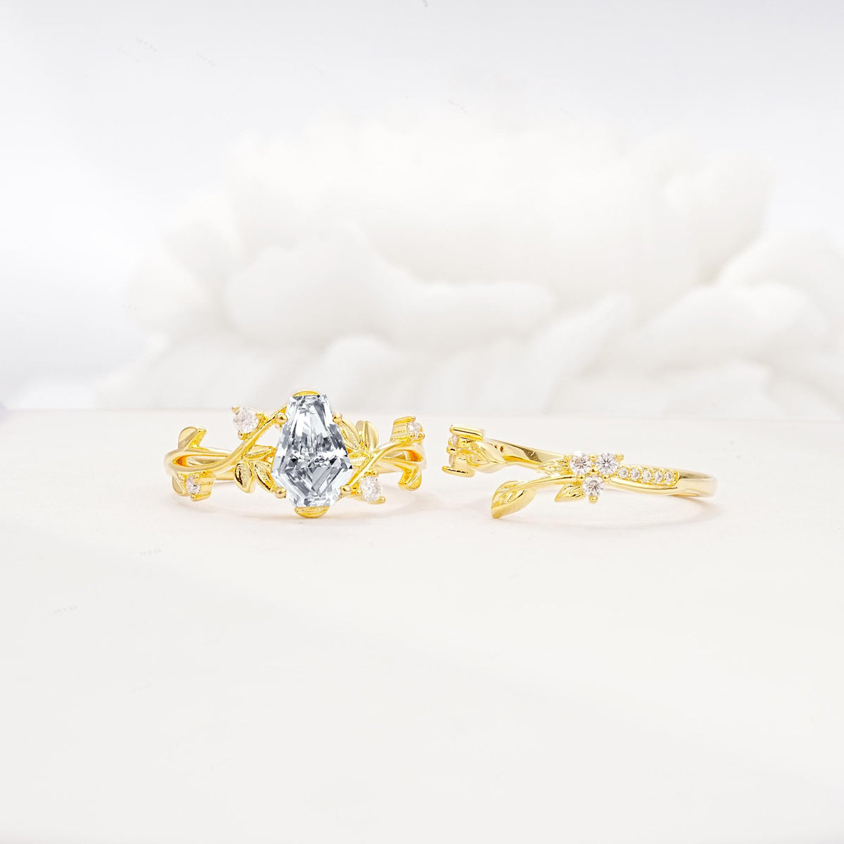 Nature-Inspired Coffin Cut Lab Diamond Engagement Ring Set with Leaf Accents - Additional view