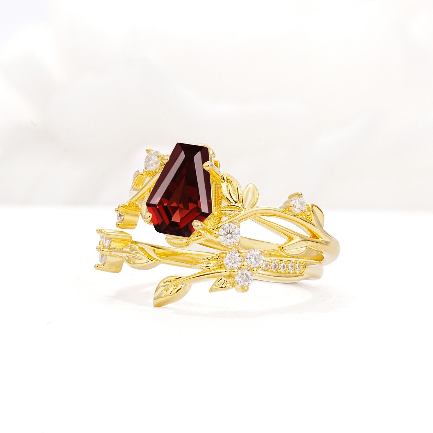 Nature-Inspired Coffin Cut Garnet Engagement Ring Set with Leaf Accents - Rose-Gold