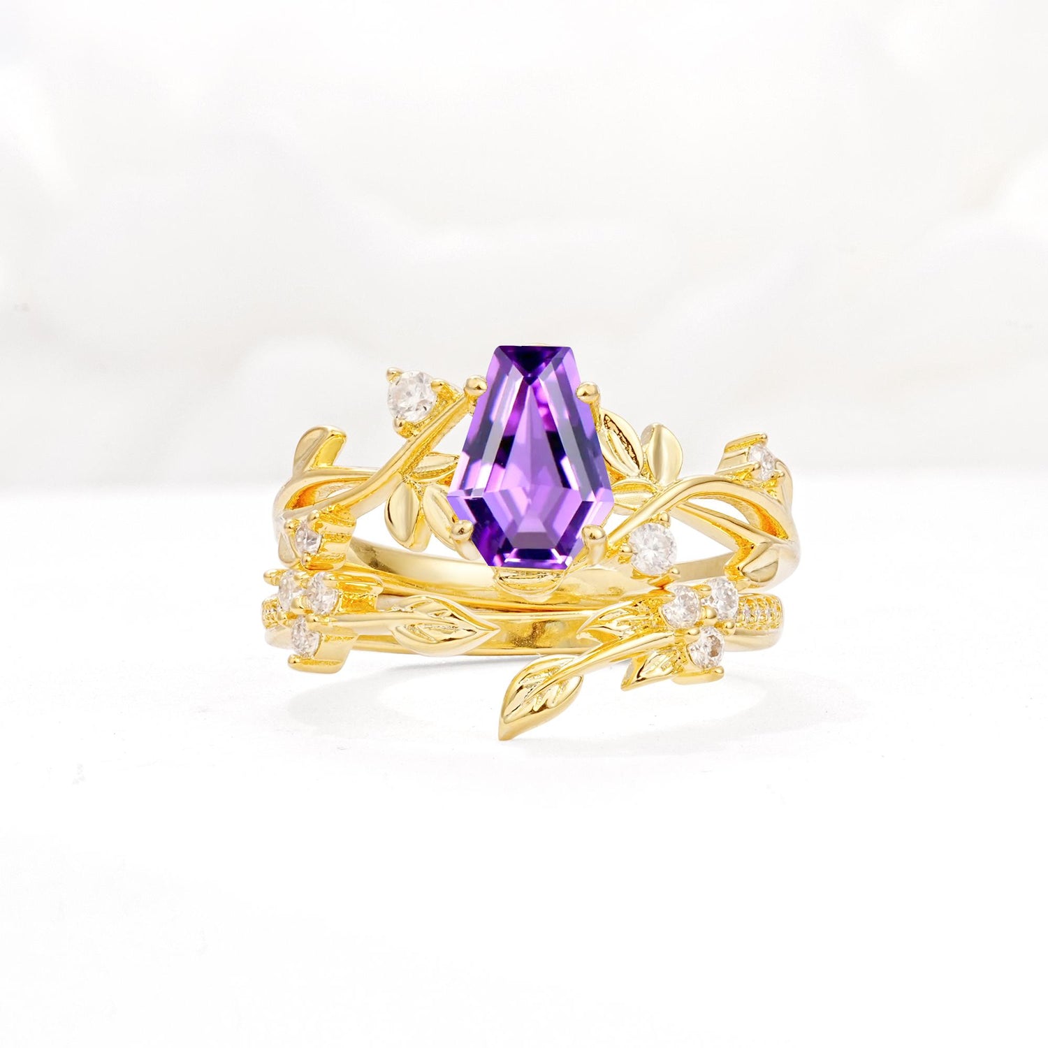 Nature-Inspired Coffin Cut Amethyst Engagement Ring Set with Leaf Accents - Yellow-Gold