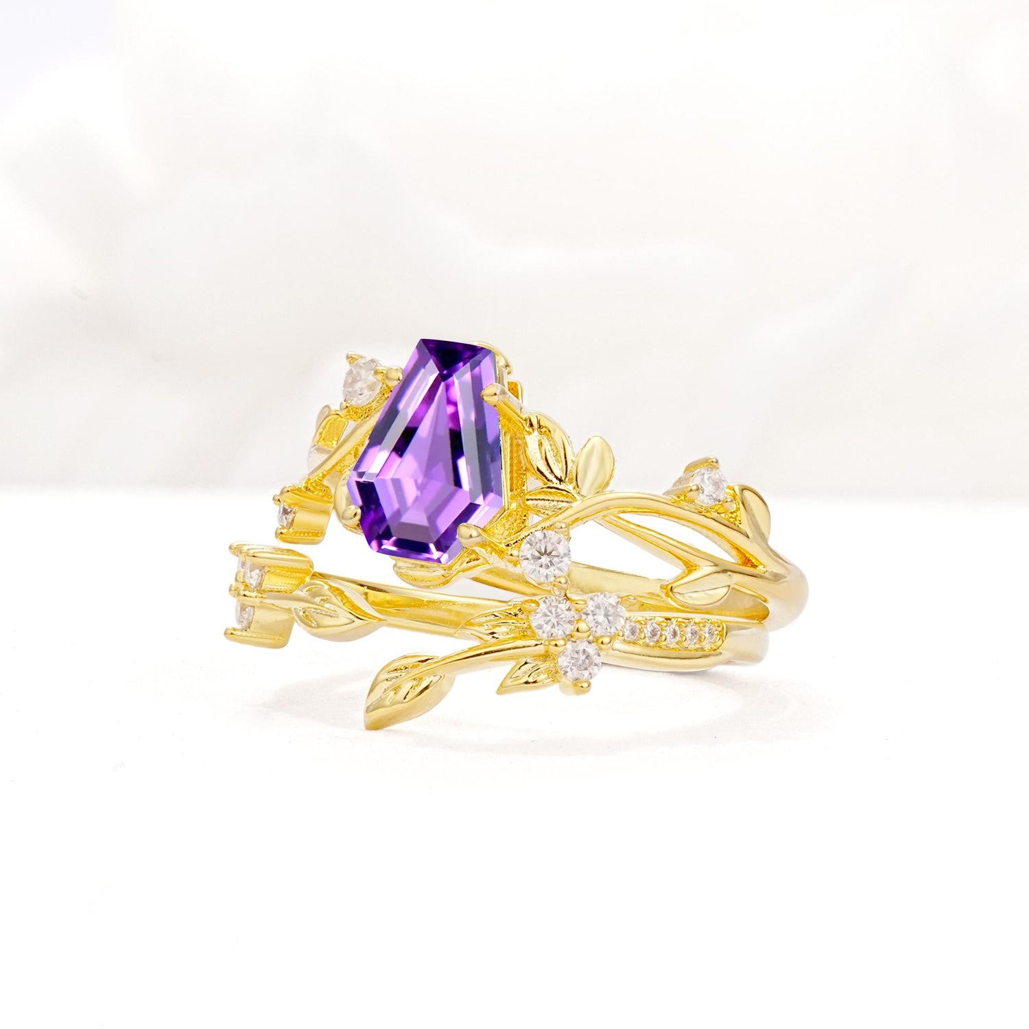 Nature-Inspired Coffin Cut Amethyst Engagement Ring Set with Leaf Accents - Rose-Gold