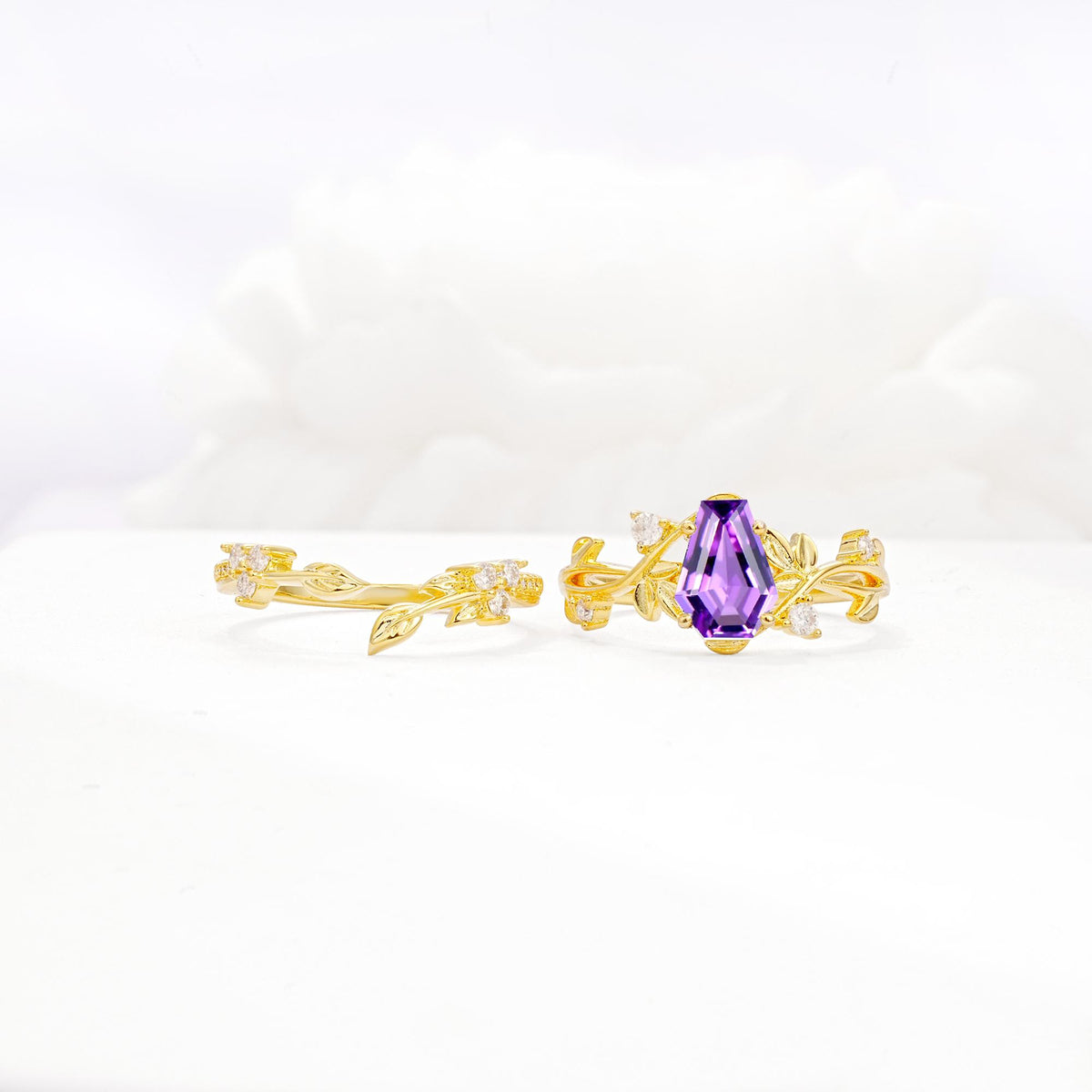 Nature-Inspired Coffin Cut Amethyst Engagement Ring Set with Leaf Accents - White-Gold