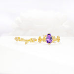 Nature-Inspired Coffin Cut Amethyst Engagement Ring Set with Leaf Accents - White-Gold