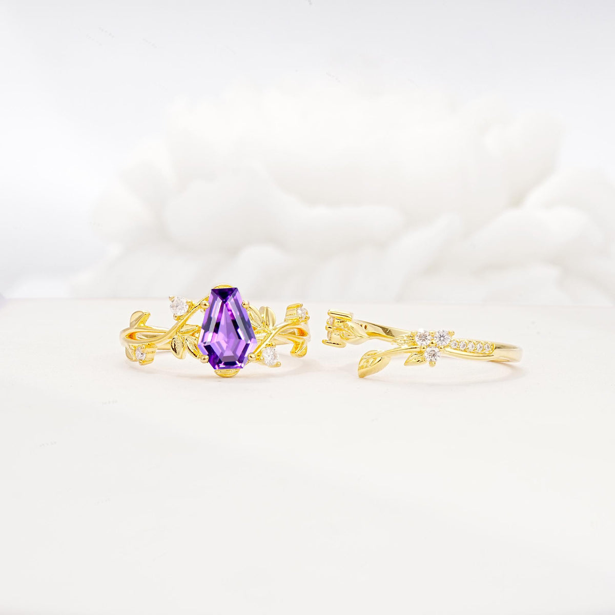 Nature-Inspired Coffin Cut Amethyst Engagement Ring Set with Leaf Accents - Additional view
