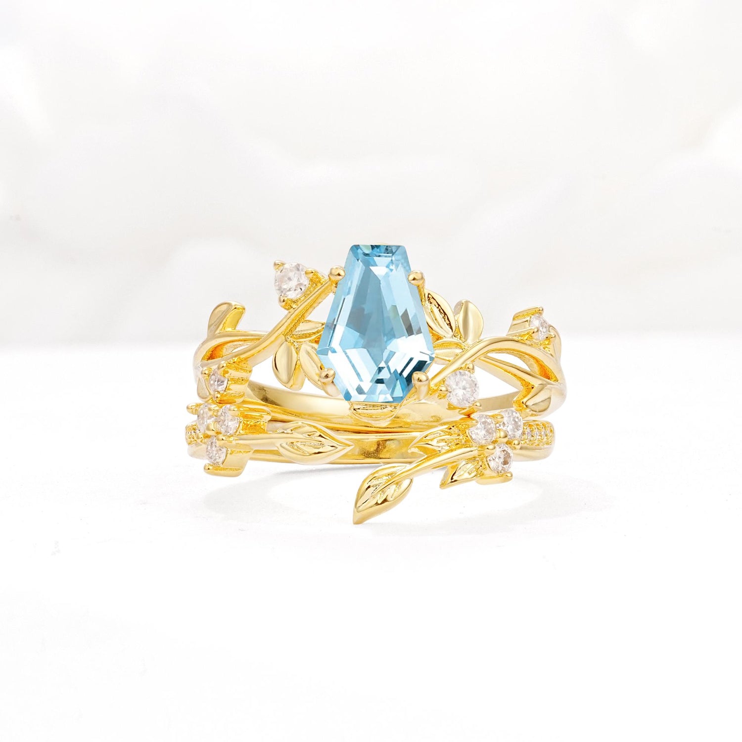 Nature-Inspired Coffin Cut Aquamarine Engagement Ring Set with Leaf Accents - Yellow-Gold