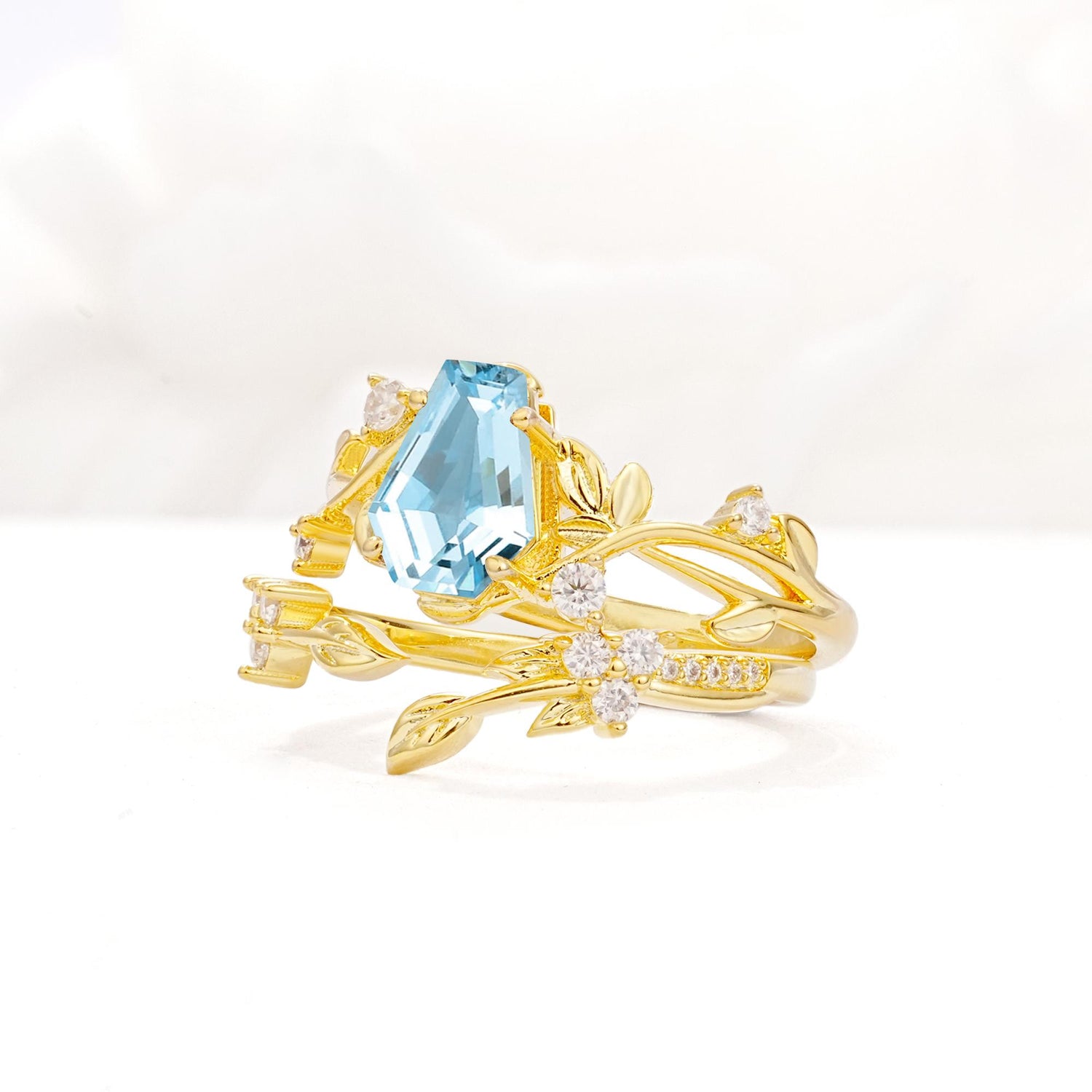 Nature-Inspired Coffin Cut Aquamarine Engagement Ring Set with Leaf Accents - Rose-Gold