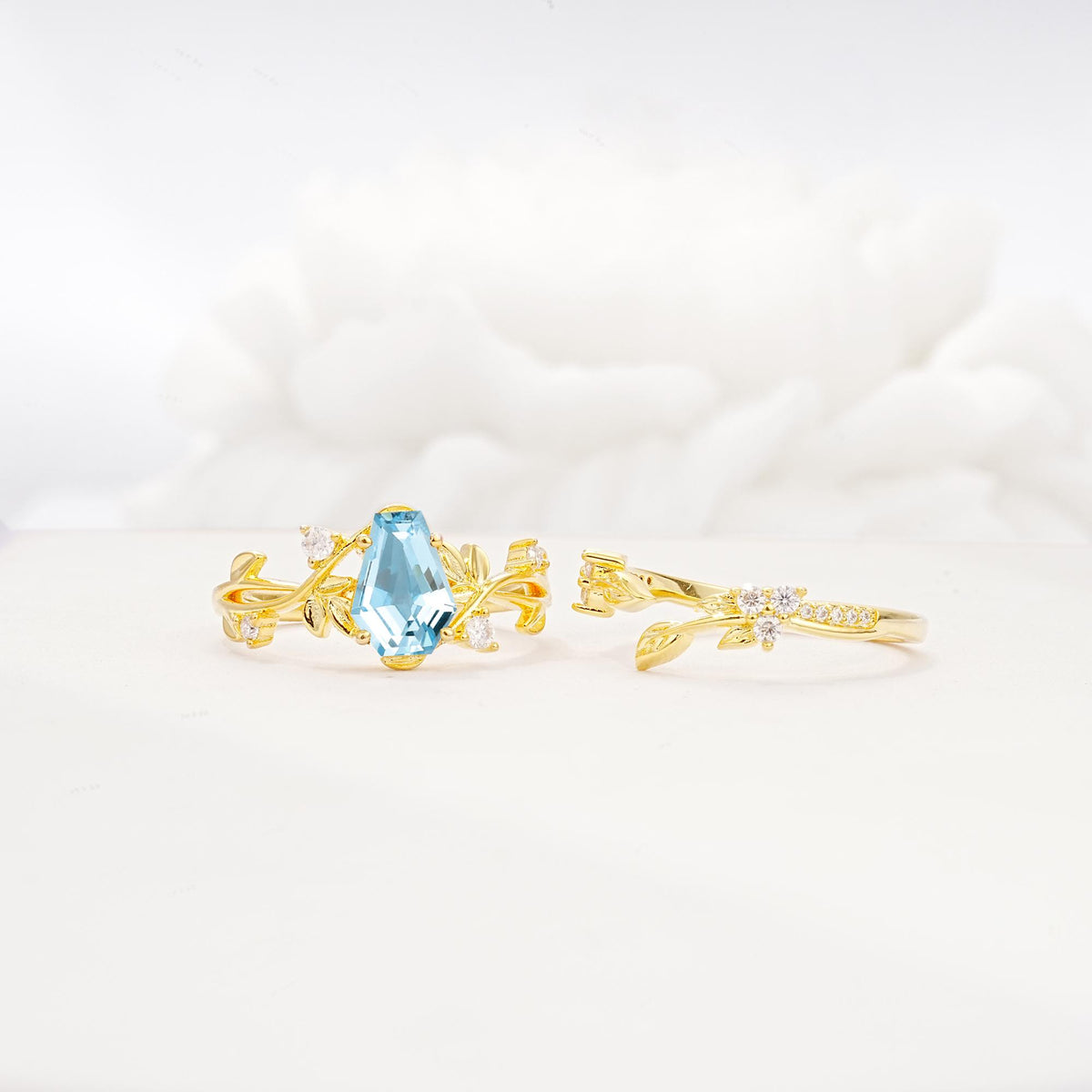 Nature-Inspired Coffin Cut Aquamarine Engagement Ring Set with Leaf Accents - Additional view