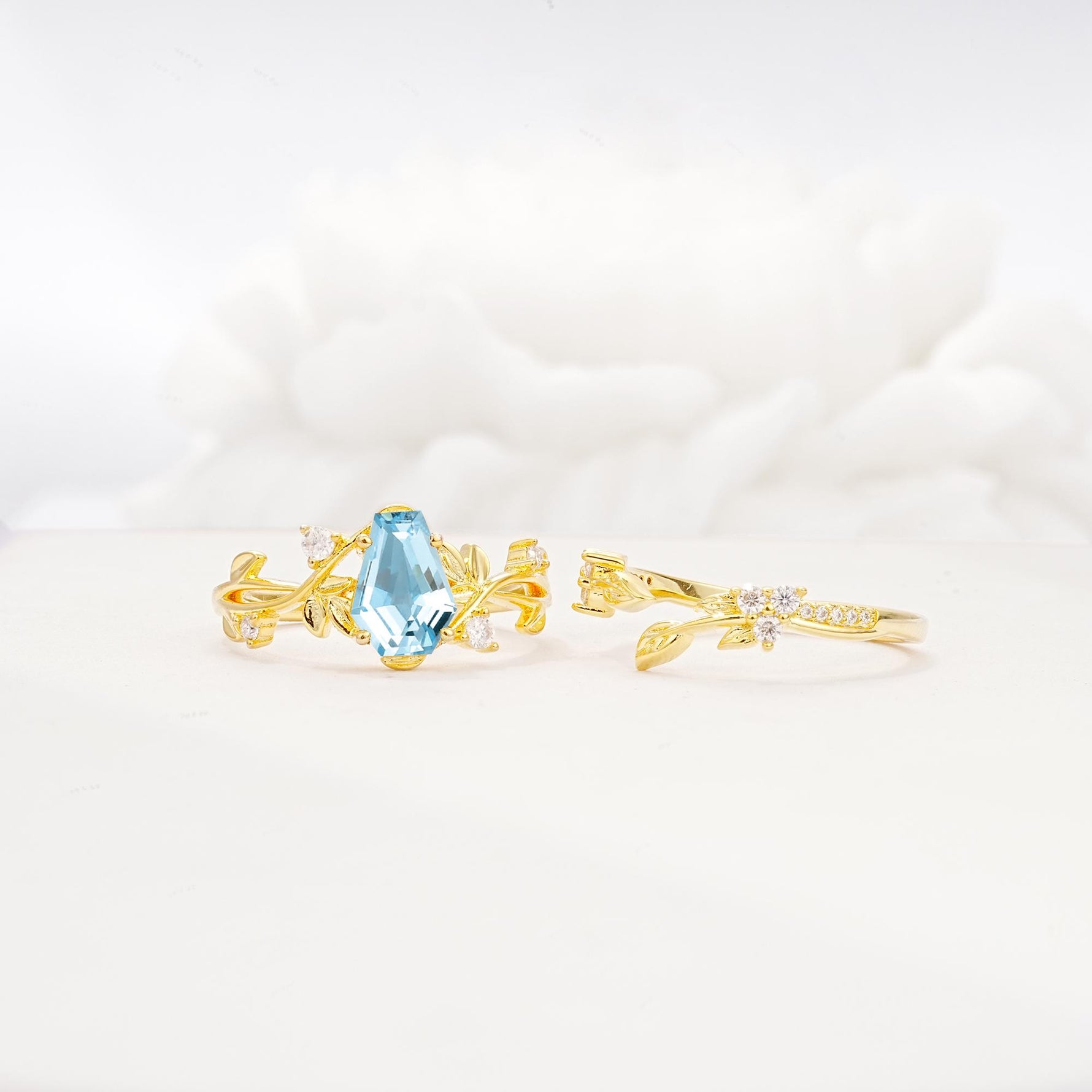 Nature-Inspired Coffin Cut Aquamarine Engagement Ring Set with Leaf Accents - Additional view