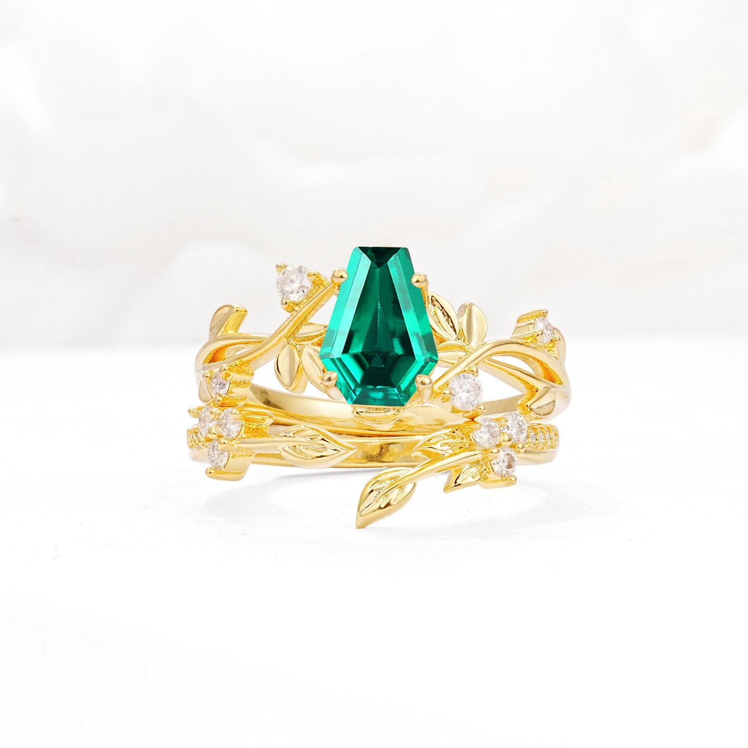 Nature-Inspired Coffin Cut Emerald Engagement Ring Set with Leaf Accents - Yellow-Gold