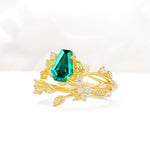 Nature-Inspired Coffin Cut Emerald Engagement Ring Set with Leaf Accents - Rose-Gold