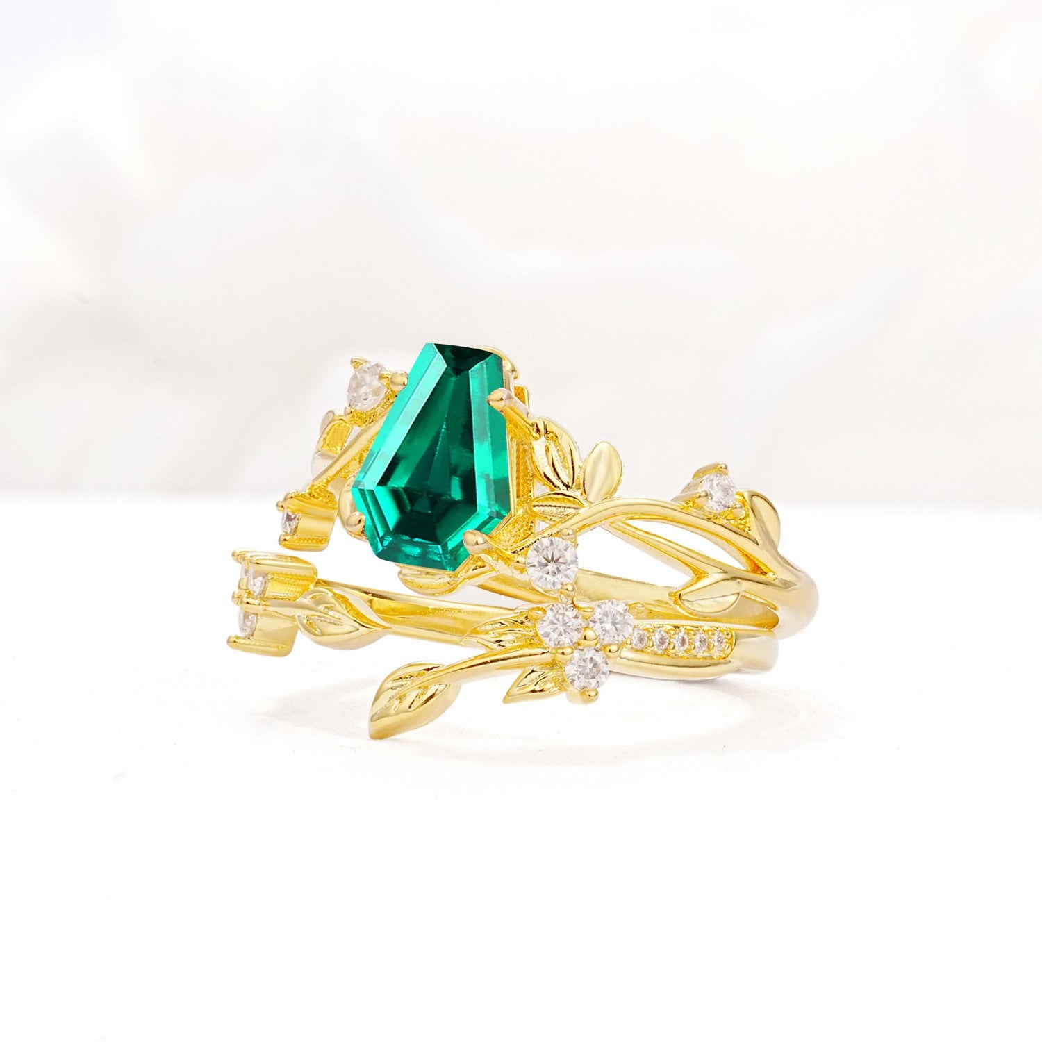 Nature-Inspired Coffin Cut Emerald Engagement Ring Set with Leaf Accents - Rose-Gold