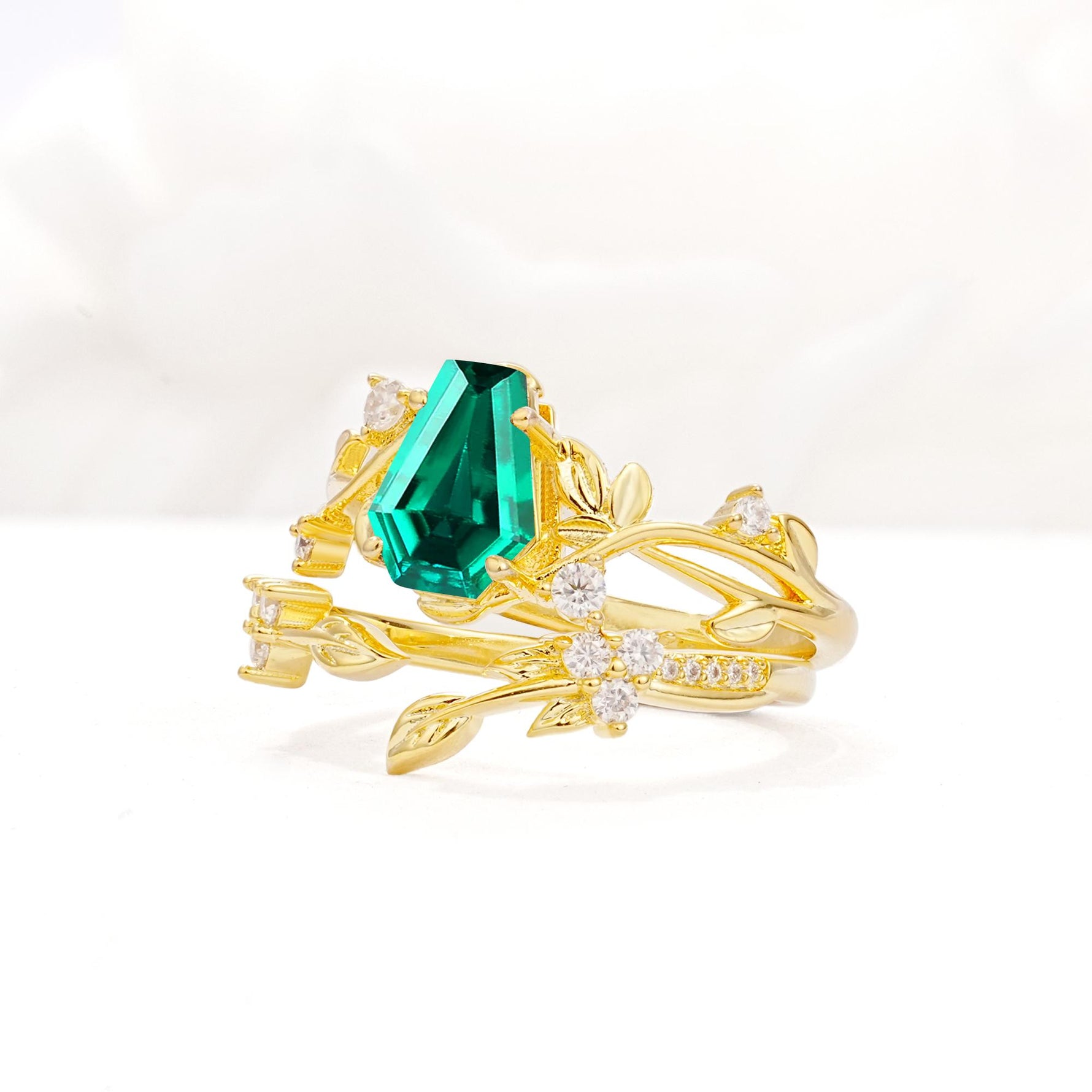 Nature-Inspired Coffin Cut Emerald Engagement Ring Set with Leaf Accents - Rose-Gold