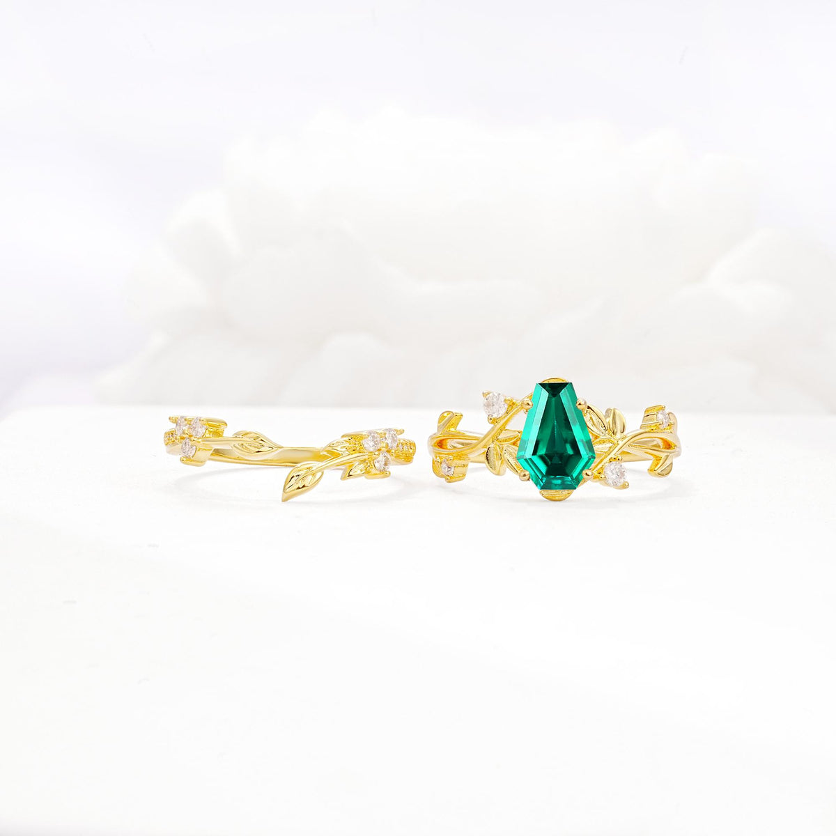 Nature-Inspired Coffin Cut Emerald Engagement Ring Set with Leaf Accents - White-Gold