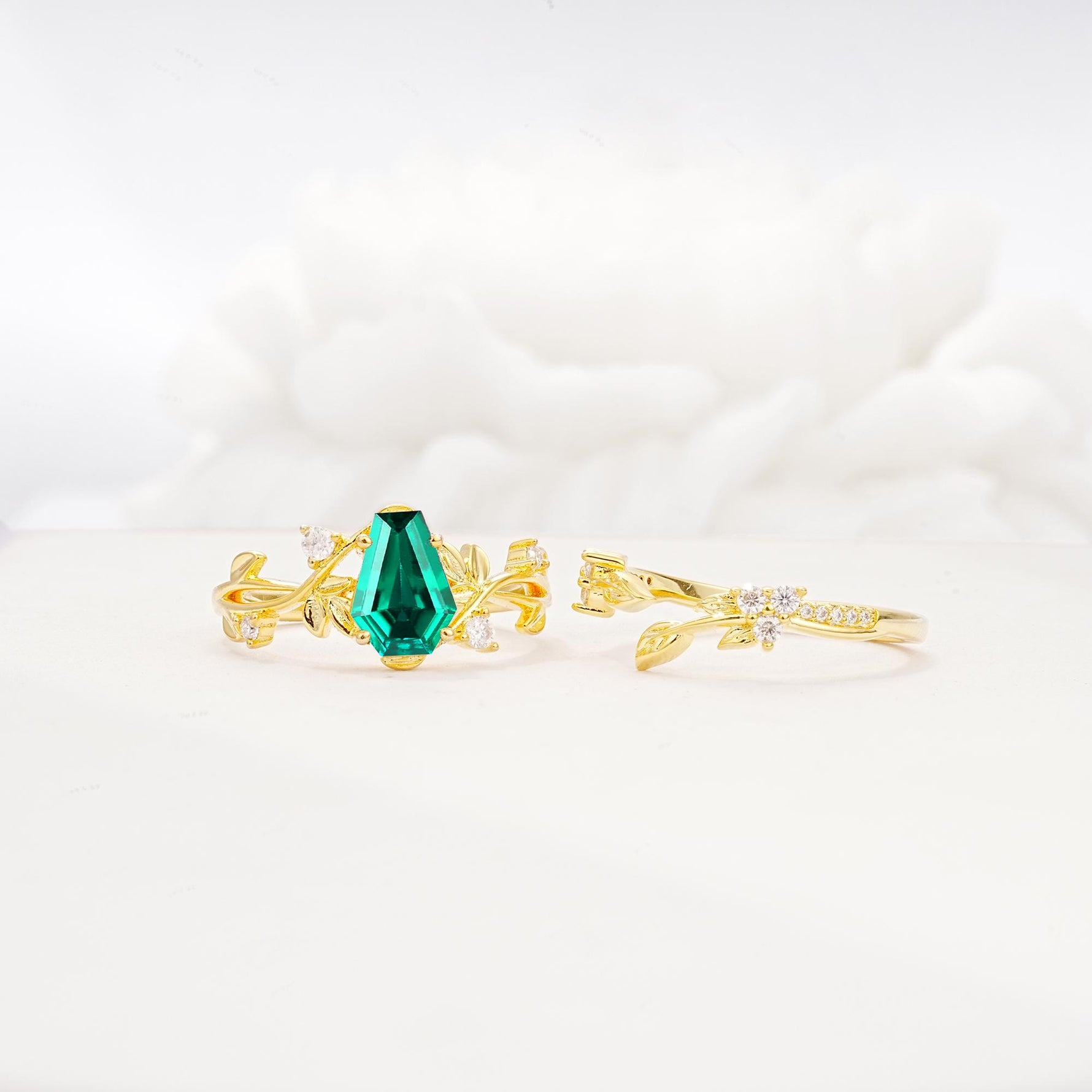 Nature-Inspired Coffin Cut Emerald Engagement Ring Set with Leaf Accents - Additional view