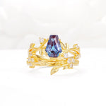 Nature-Inspired Coffin Cut Alexandrite Engagement Ring Set with Leaf Accents - Yellow-Gold