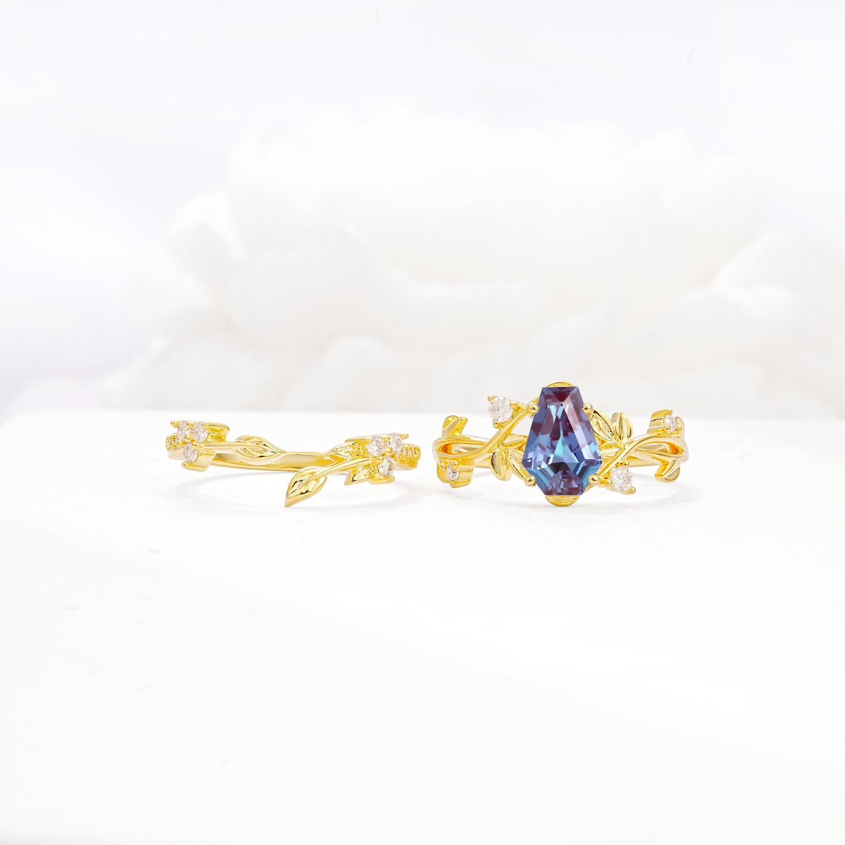 Nature-Inspired Coffin Cut Alexandrite Engagement Ring Set with Leaf Accents - White-Gold