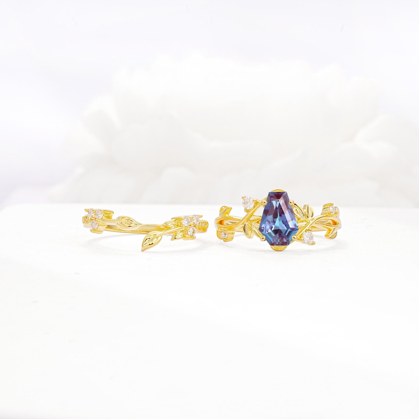 Nature-Inspired Coffin Cut Alexandrite Engagement Ring Set with Leaf Accents - White-Gold