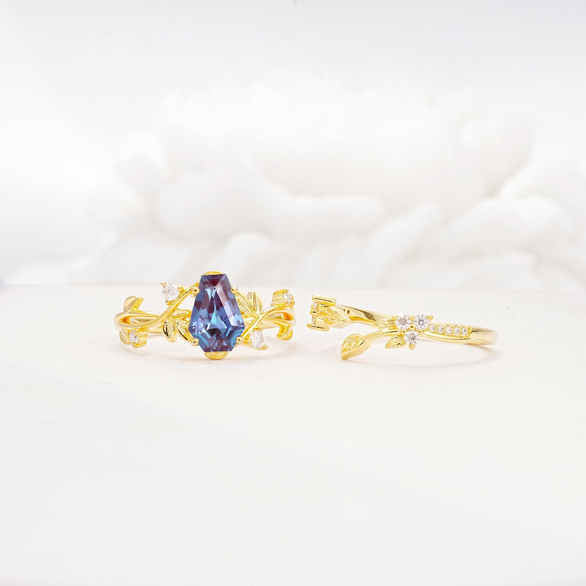 Nature-Inspired Coffin Cut Alexandrite Engagement Ring Set with Leaf Accents - Additional view