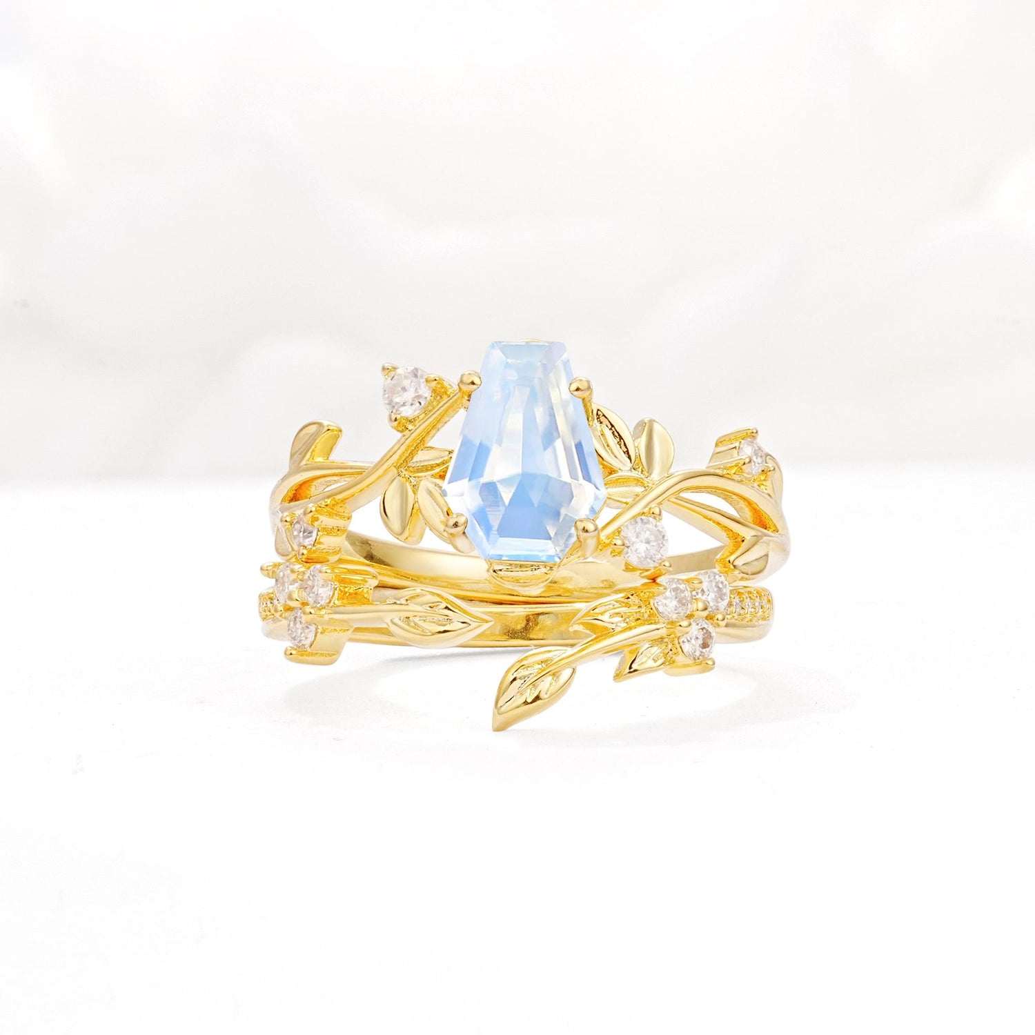 Nature-Inspired Coffin Cut Moonstone Engagement Ring Set with Leaf Accents - Yellow-Gold
