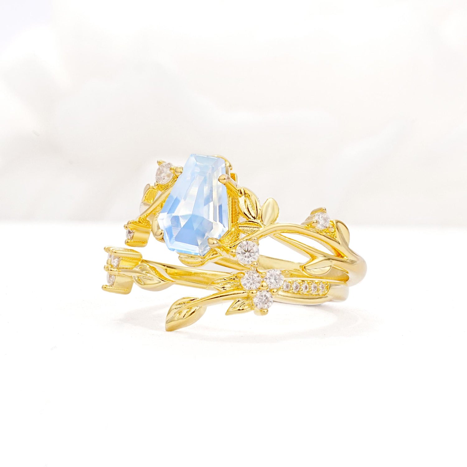 Nature-Inspired Coffin Cut Moonstone Engagement Ring Set with Leaf Accents - Rose-Gold