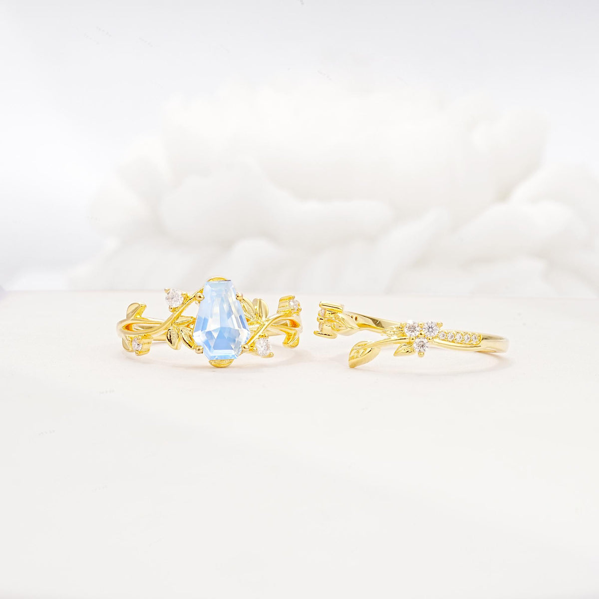 Nature-Inspired Coffin Cut Moonstone Engagement Ring Set with Leaf Accents - Additional view