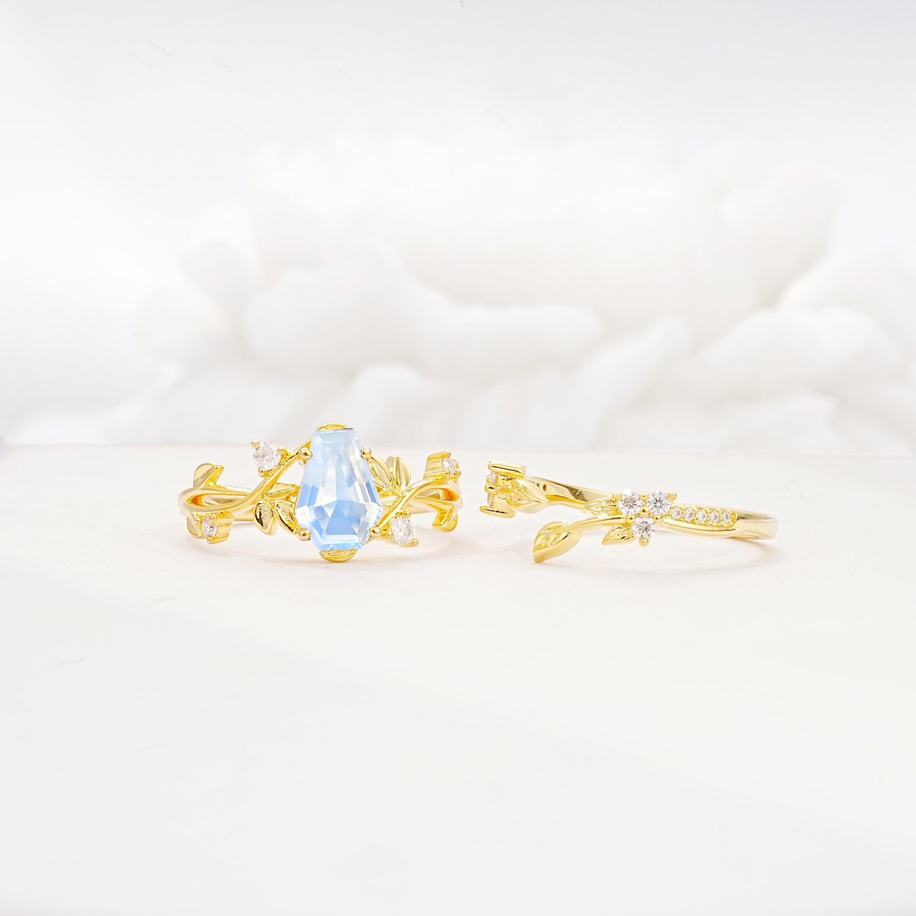 Nature-Inspired Coffin Cut Moonstone Engagement Ring Set with Leaf Accents - Additional view