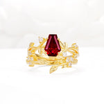 Nature-Inspired Coffin Cut Ruby Engagement Ring Set with Leaf Accents - Yellow-Gold