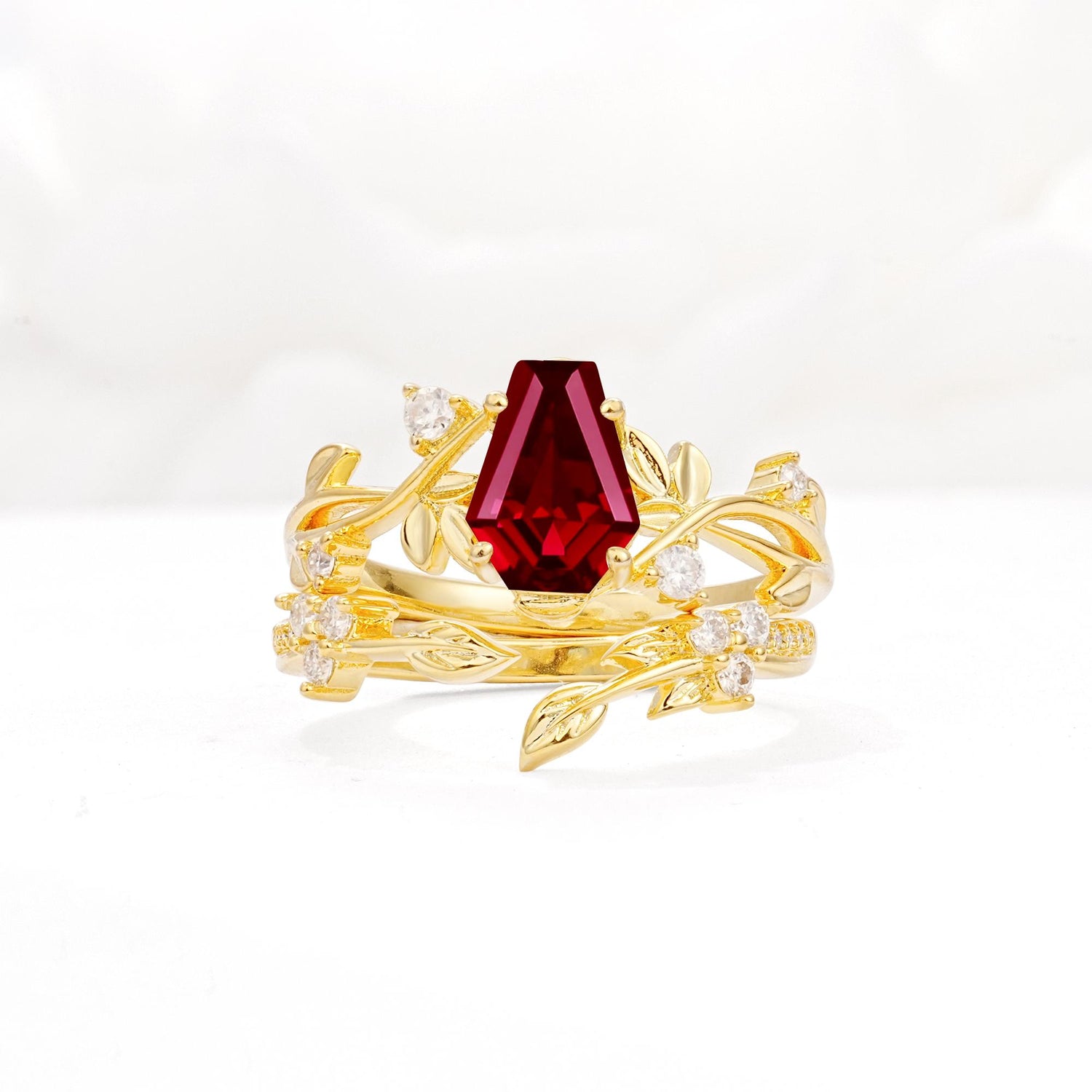 Nature-Inspired Coffin Cut Ruby Engagement Ring Set with Leaf Accents - Yellow-Gold