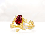 Nature-Inspired Coffin Cut Ruby Engagement Ring Set with Leaf Accents - Rose-Gold