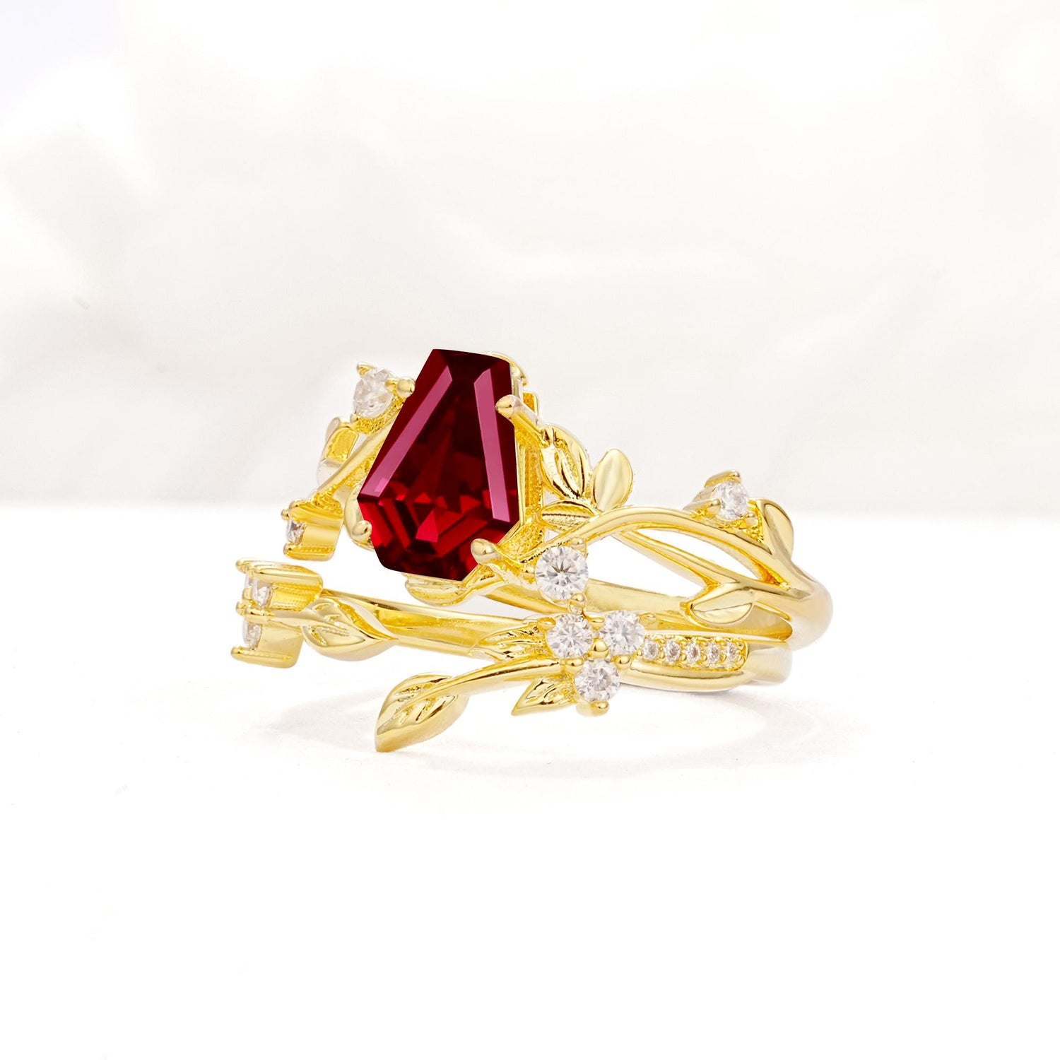 Nature-Inspired Coffin Cut Ruby Engagement Ring Set with Leaf Accents - Rose-Gold