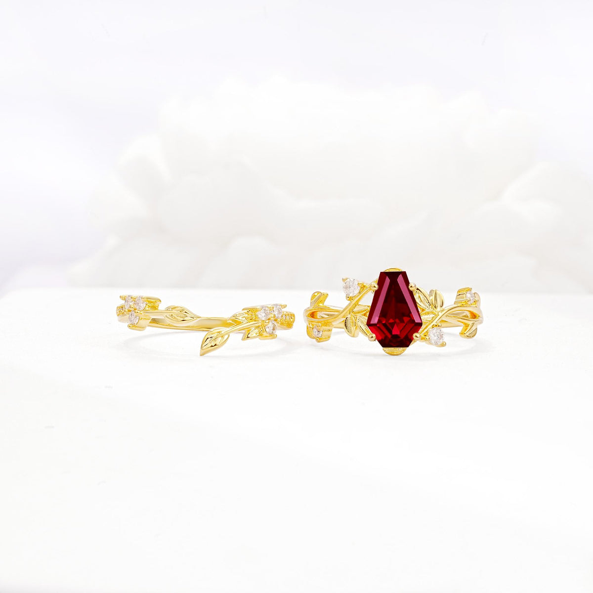 Nature-Inspired Coffin Cut Ruby Engagement Ring Set with Leaf Accents - White-Gold