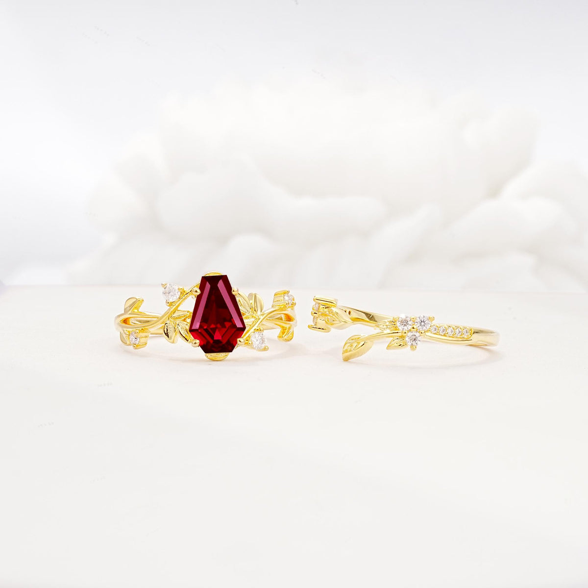 Nature-Inspired Coffin Cut Ruby Engagement Ring Set with Leaf Accents - Additional view