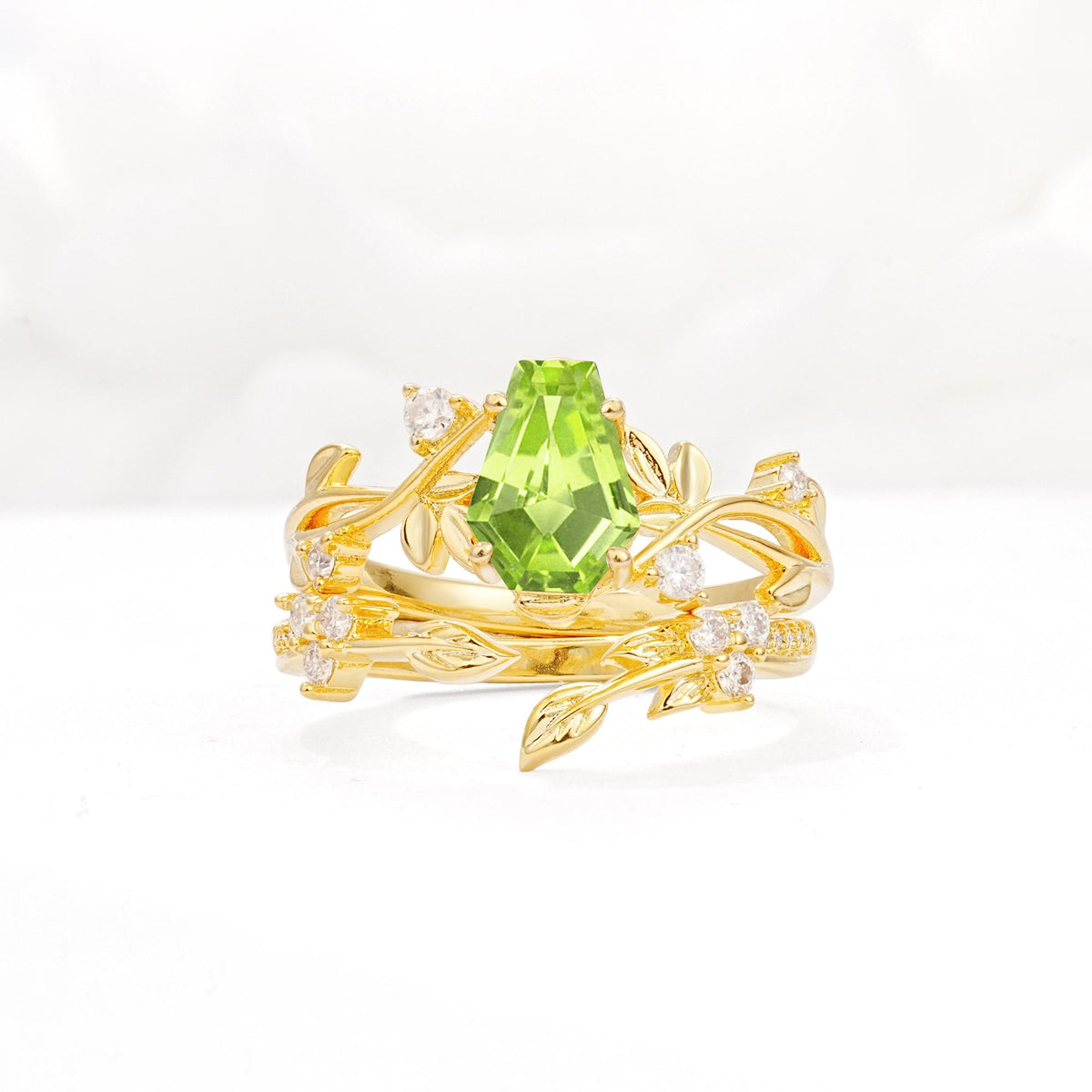 Nature-Inspired Coffin Cut Peridot Engagement Ring Set with Leaf Accents - Yellow-Gold