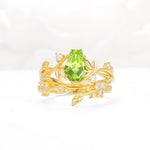Nature-Inspired Coffin Cut Peridot Engagement Ring Set with Leaf Accents - Yellow-Gold