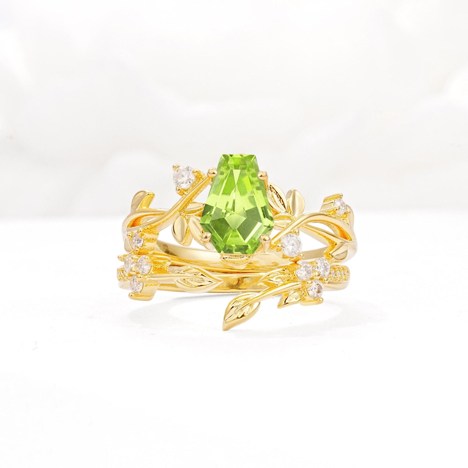 Nature-Inspired Coffin Cut Peridot Engagement Ring Set with Leaf Accents - Yellow-Gold