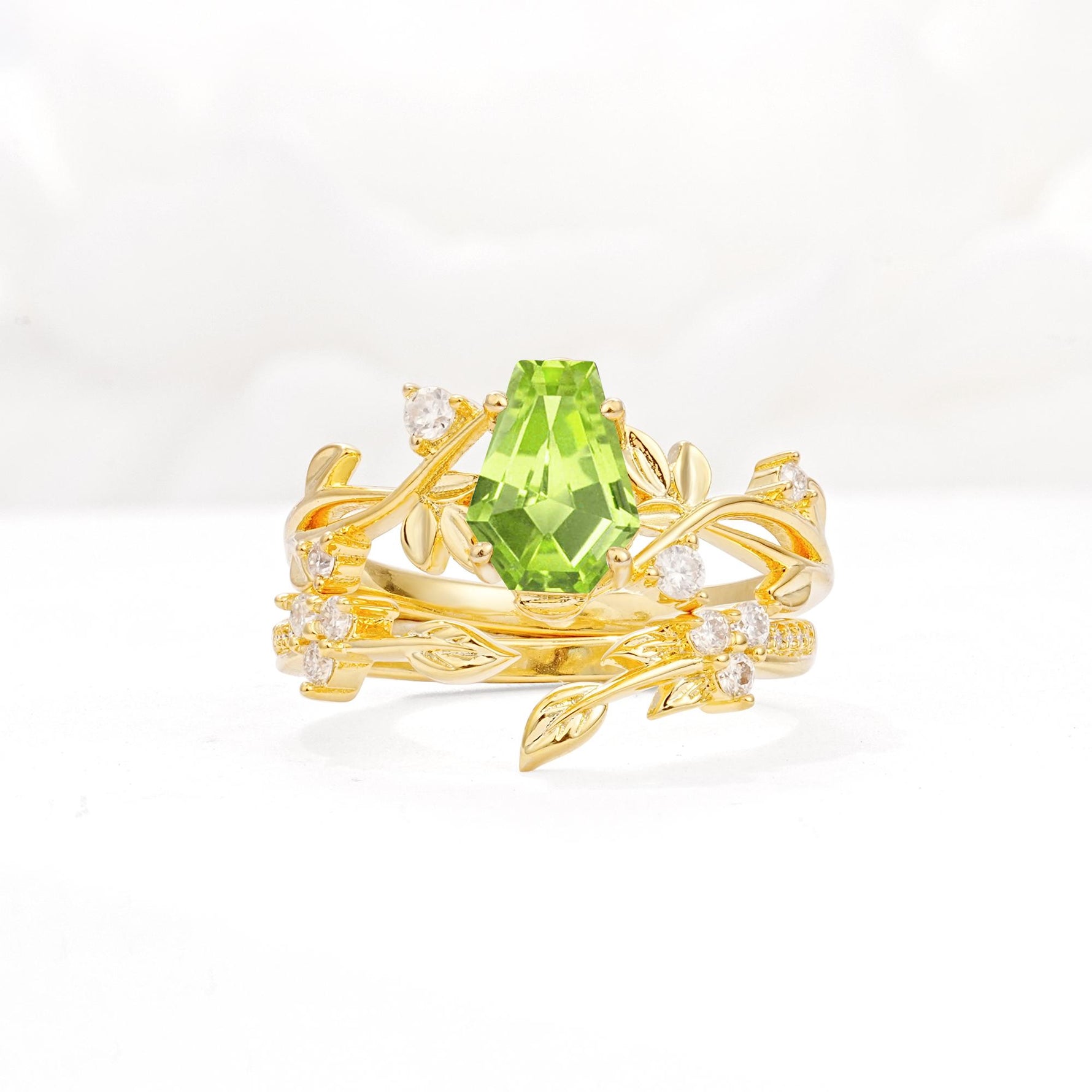 Nature-Inspired Coffin Cut Peridot Engagement Ring Set with Leaf Accents - Yellow-Gold