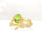 Nature-Inspired Coffin Cut Peridot Engagement Ring Set with Leaf Accents - Rose-Gold