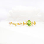 Nature-Inspired Coffin Cut Peridot Engagement Ring Set with Leaf Accents - White-Gold