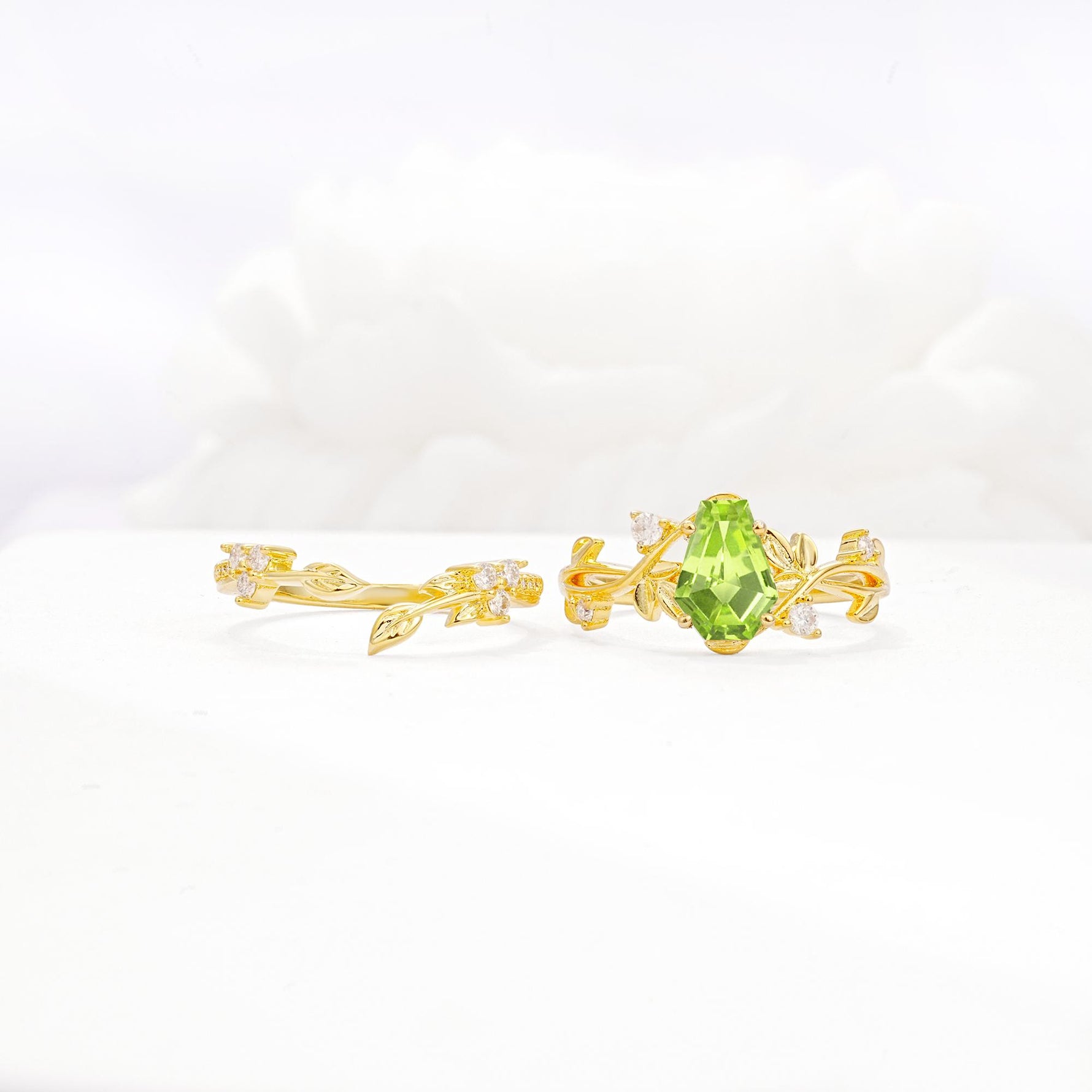 Nature-Inspired Coffin Cut Peridot Engagement Ring Set with Leaf Accents - White-Gold