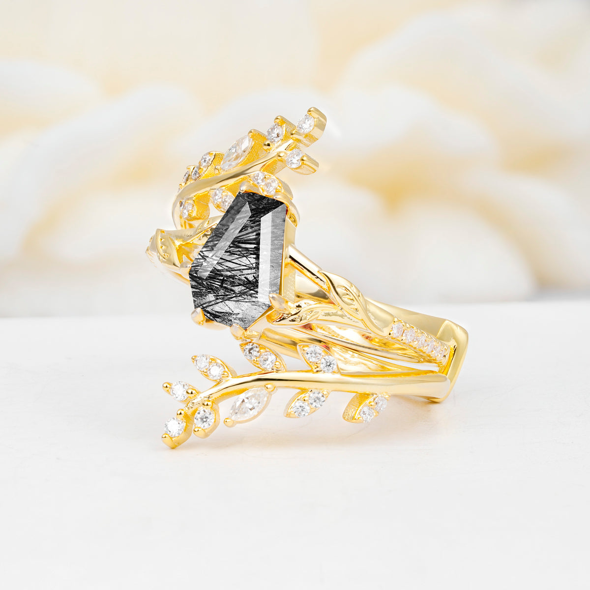 SR17144 Black Rutilated Quartz Ring - White-Gold