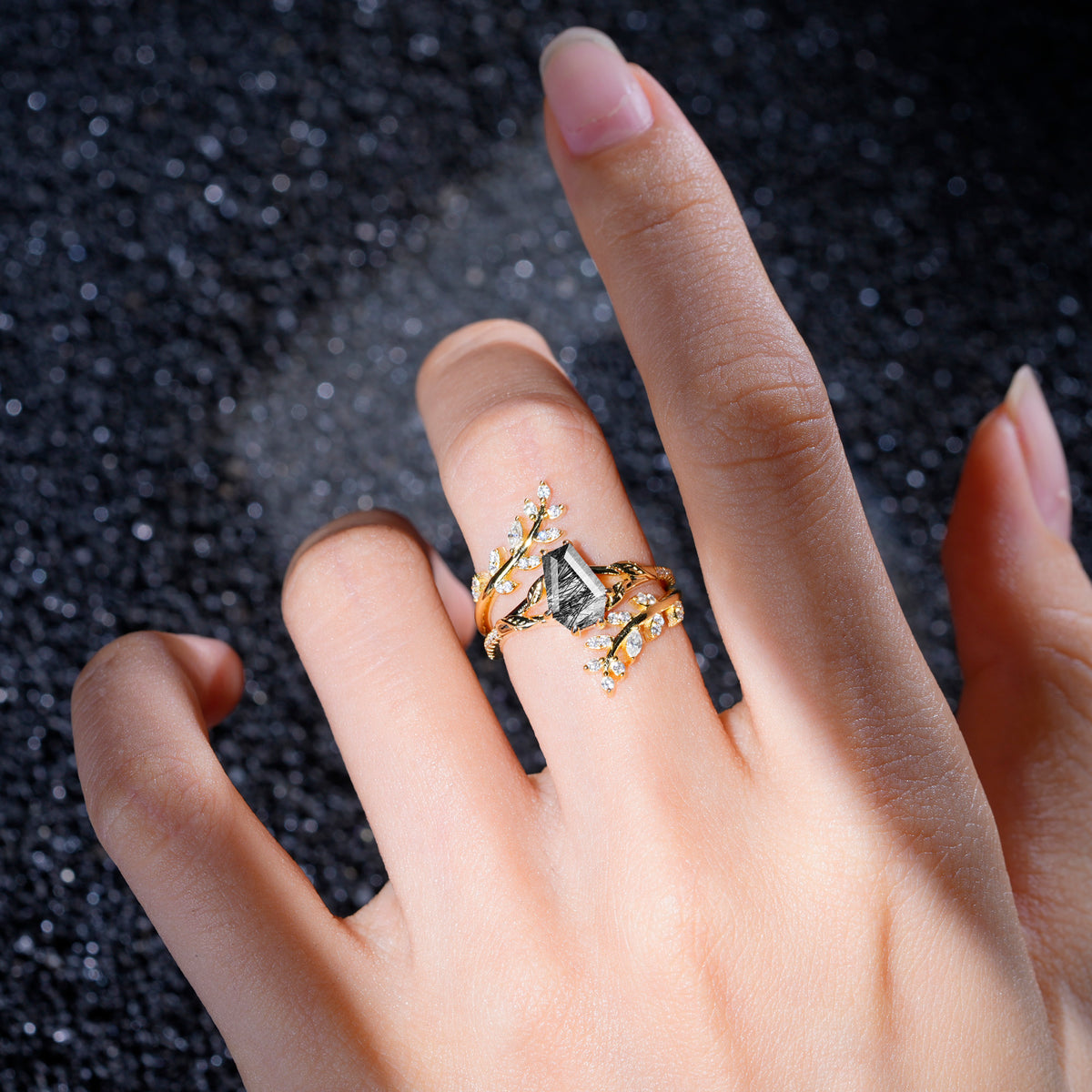 SR17144 Black Rutilated Quartz Ring - Rose-Gold